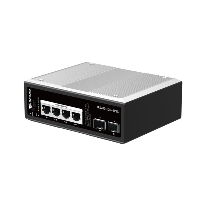 Коммутатор, BDCOM, IES200-L25-4P2S, Управляемый L3-lite, 4 порта 10/100/1000 RJ45, PoE 802.3af/at, бюджет POE 120В (зависит от БП), 2 порта SFP, DC 48-55В Dual RPS, вход DC12V (Jack) non-PoE power input, -40+75°C, DIN-rail, без блока питания