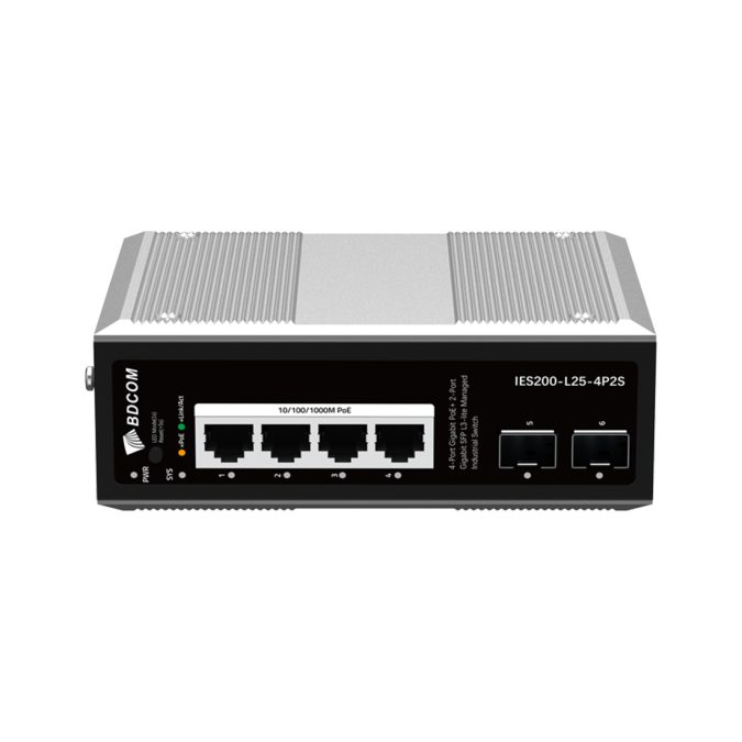 Коммутатор, BDCOM, IES200-L25-4P2S, Управляемый L3-lite, 4 порта 10/100/1000 RJ45, PoE 802.3af/at, бюджет POE 120В (зависит от БП), 2 порта SFP, DC 48-55В Dual RPS, вход DC12V (Jack) non-PoE power input, -40+75°C, DIN-rail, без блока питания