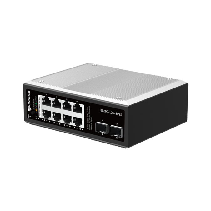 Коммутатор, BDCOM, IES200-L25-8P2S, Управляемый L3-lite, 8 портов 10/100/1000 RJ45, PoE 802.3af/at, бюджет POE 240В (зависит от БП), 2 порта SFP, DC 48-55В Dual RPS, вход DC12V (Jack) non-PoE power input, -40+75°C, DIN-rail, без блока питания