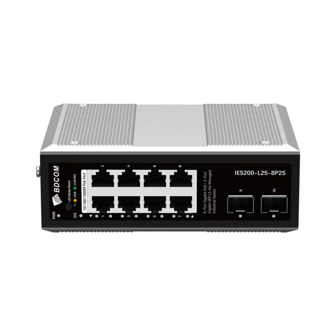 Коммутатор, BDCOM, IES200-L25-8P2S, Управляемый L3-lite, 8 портов 10/100/1000 RJ45, PoE 802.3af/at, бюджет POE 240В (зависит от БП), 2 порта SFP, DC 48-55В Dual RPS, вход DC12V (Jack) non-PoE power input, -40+75°C, DIN-rail, без блока питания