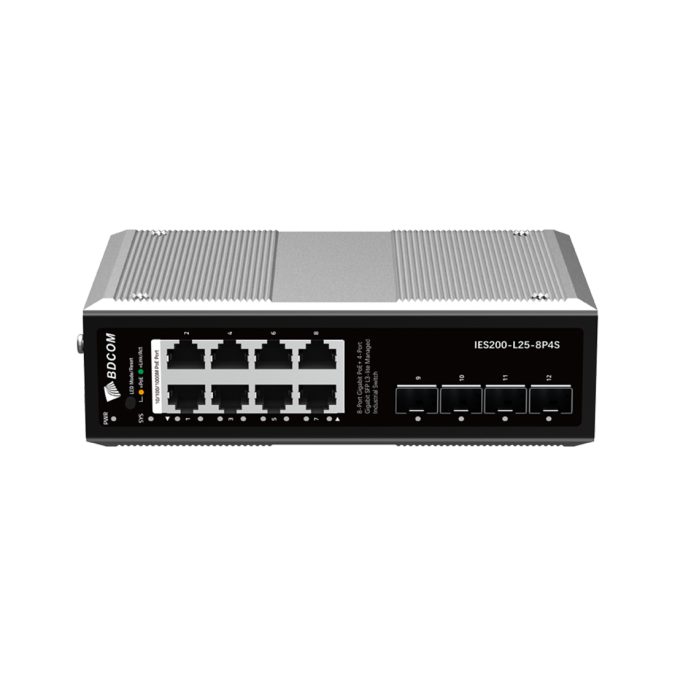 Коммутатор, BDCOM, IES200-L25-8P4S, Управляемый L3-lite, 8 портов 10/100/1000 RJ45, PoE 802.3af/at, бюджет POE 240В (зависит от БП), 4 порта SFP, DC 48-55ВDual RPS, вход DC12V (Jack) non-PoE power input, -40+75°C, DIN-rail, без блока питания