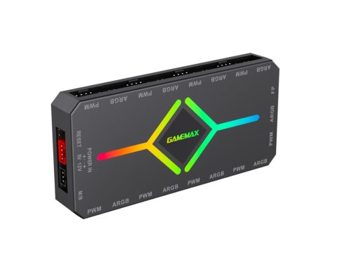 Контроллер подсветки, Gamemax, 1308-1300R0065, V4.0 ARGB+PWM HUB BK, ARGB 5V/3-pin, 9*ARGB 3pin, 1*SATA, 1*temp pwm input, 1*aura sync, Пульт, 118*55*17мм, Черный