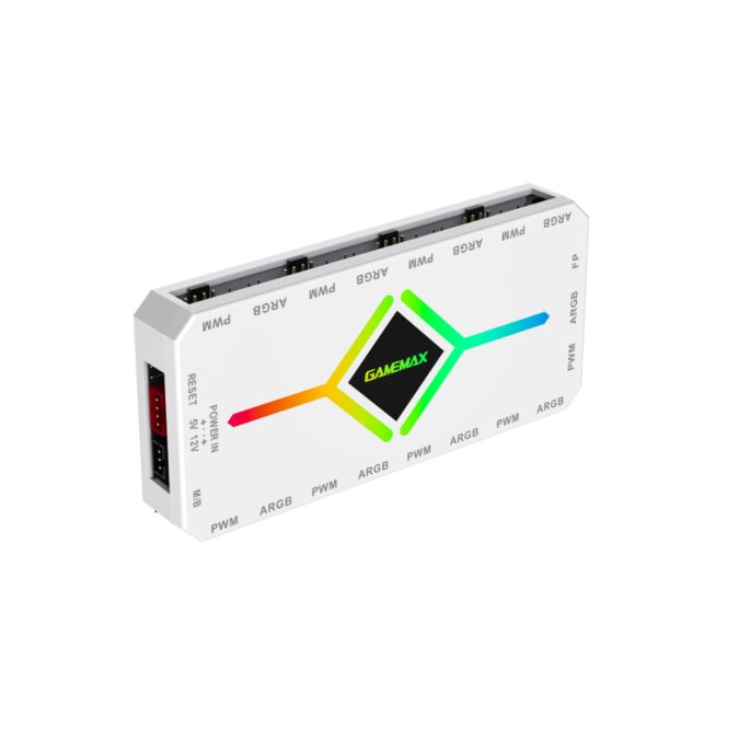 Контроллер подсветки, Gamemax, 1308-1300R0066, V4.0 ARGB+PWM HUB WH, ARGB 5V/3-pin, 9*ARGB 3pin, 1*SATA, 1*temp pwm input, 1*aura sync, Пульт, 118*55*17мм, Белый
