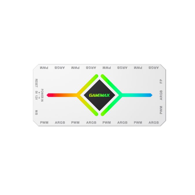 Контроллер подсветки, Gamemax, 1308-1300R0066, V4.0 ARGB+PWM HUB WH, ARGB 5V/3-pin, 9*ARGB 3pin, 1*SATA, 1*temp pwm input, 1*aura sync, Пульт, 118*55*17мм, Белый