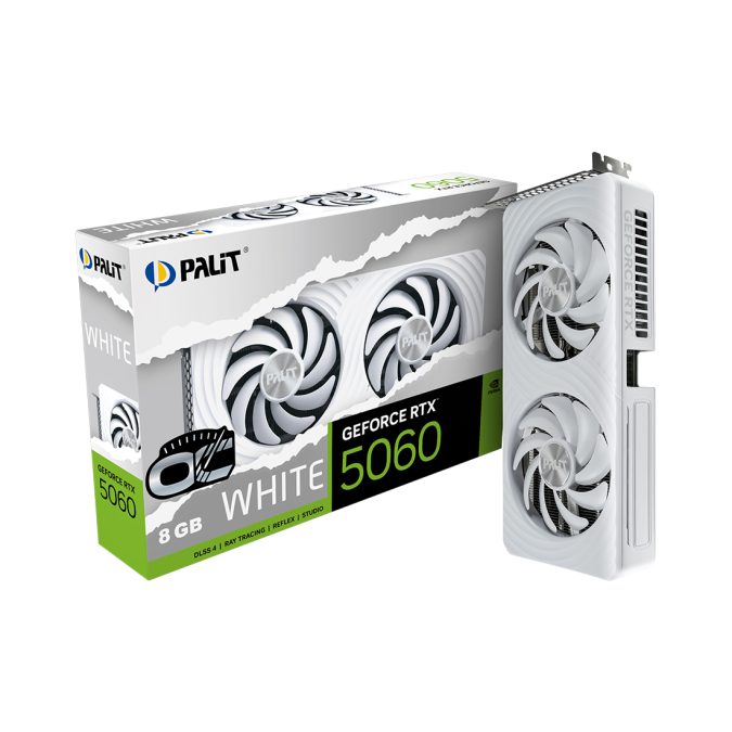 Видеокарта, PALIT, RTX5060 WHITE OC 8GB (4710562245677), (NE75060U19P1-GB2063M), GDDR7, 128bit, 3-DP, HDMI, 262.1*126.3*40.1 мм, Цветная коробка