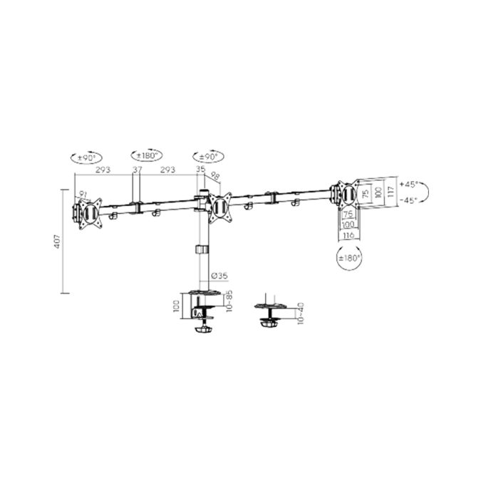 Настольный кронштейн для мониторов, XG, MG-1727T, 17"-27", Нагрузка 3х7 кг., Наклон +/- 45°, Поворот +/- 90°, Вращение монитора +/- 180°, VESA 75x75,100x100