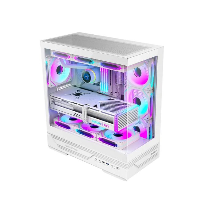 Компьютерный корпус, Huntkey, GX760A Fortune White, ATX/Micro ATX, USB 1*3.0/2*2.0, HD-Audio, Кулер 4*12см ARGB, Высота процессорного кулера до 160 мм, Длина VGA до 400мм, 1*3.5"/2.5", Слот 7, Толщина 0,6мм, 424x215x465мм, Без Б/П, Белый
