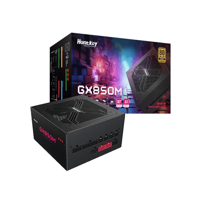 Блок питания, Huntkey, GX850M, 850W, ATX 3.1, Gold, APFC, 20+4 pin, 2*4+4pin, 4*Sata, 3*Molex, 2*PCI-E 6+2 pin, 1*12V-2X6, Модульный, Вентилятор 12см, Кабель питания, Чёрный