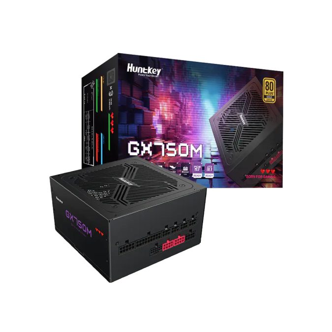 Блок питания, Huntkey, GX750M, 750W, ATX 3.1, Gold, APFC, 20+4 pin, 2*4+4pin, 4*Sata, 3*Molex, 2*PCI-E 6+2 pin, 1*12V-2X6, Модульный, Вентилятор 12см, Кабель питания, Чёрный