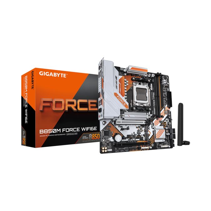 Материнская плата, Gigabyte, B850M FORCE WIFI6E (4719331874308), AM5, B850, 2xDDR5 4400/4800/5200/9600(OC), 4xSATA3, 3xM.2 (PCIe 4.0 x4/x2), RAID, 1xHDMI, 1хDP, 2xPCI-Ex16, WiFi, mATX