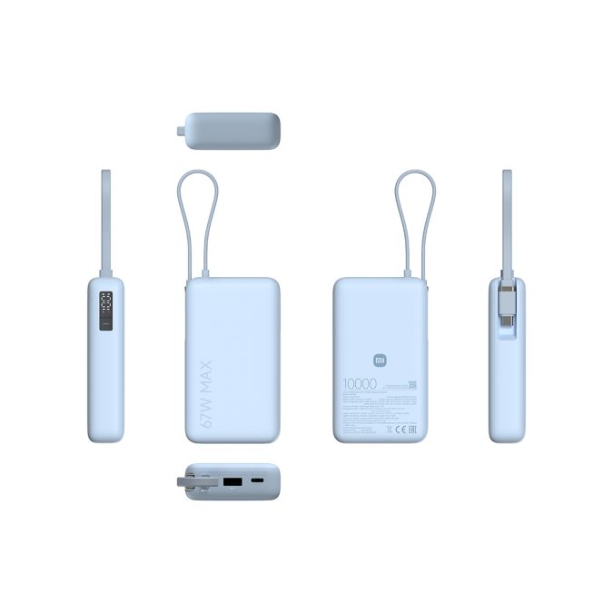 Портативный внешний аккумулятор, Xiaomi, 67W Power Bank 10000 (Integrated Cable) Ice Blue, PB1067/BHR08NZGL, Поддержка быстрой зарядки 67 Вт, Номинальная емкость 6000 mAh, Встроенный кабель USB-C, Размер продукта 105.2  65.2  26.9 мм, Голубой