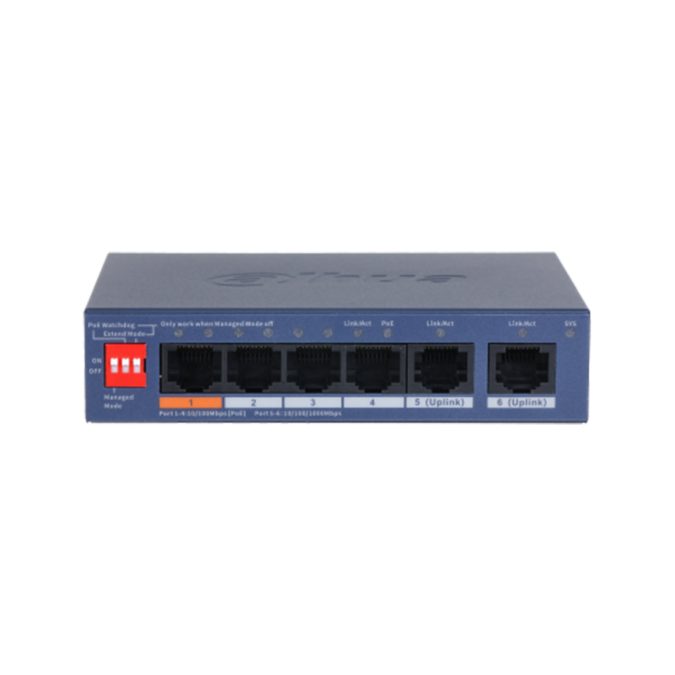 Коммутатор, Dahua, DH-CS4006-4ET2GT-60, Управляемый, 4 порта 10/100M (PoE 802.3af/at,60W), 2 порта 10/100/1000M