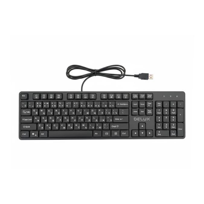Клавиатура, Delux, SK800U, Ультратонкая, USB, Кол-во стандартных клавиш 104, 18 мультимедиа-клавиш, Размер: 451*188*18 мм., Длина кабеля 1,5 метра, Анг/Рус/Каз, Чёрный