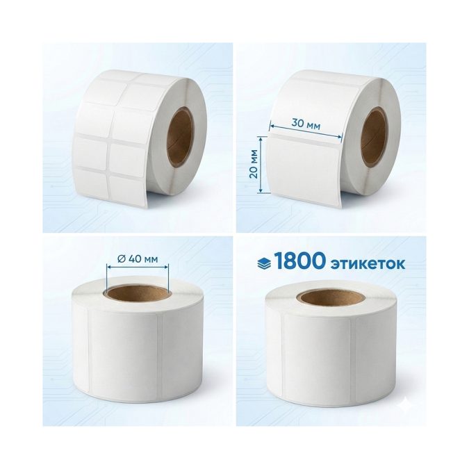 Термоэтикетки в рулоне, Europrint, EPLE-30.20.1800.40, ECO, Ширина этикетки 30мм, Высота этикетки 20мм, Этикеток в рулоне 1800шт., Диаметр втулки 40мм, 5 рулонов