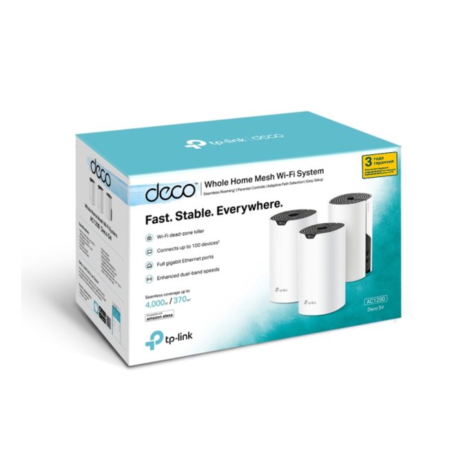 Домашняя Mesh-система, TP-Link, Deco S4(3-pack), 2,4 ГГц/5 ГГц, 802.11a/b/g/n/ac, AC1200, 3 модуля в комплекте