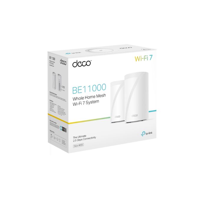 Беспроводная MESH-система Wi-Fi, TP-Link, Deco BE65 Pro(2-pack), 6 ГГц/5 ГГц/2,4Ггц, 802.11be/b/ax/n/ac/a/g, WI-FI 7, 2 порта 5 Гбит/с, 2 модуля в комплекте
