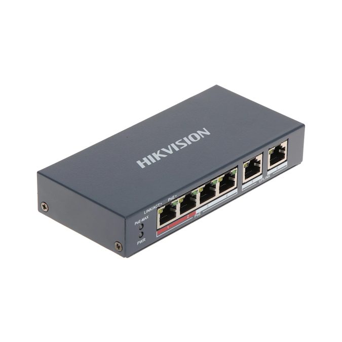 Коммутатор, Hikvision, DS-3E0106P-E/M(B), Неуправляемый, 4 x 10/100 Mbps, РоЕ 802.3af/at 45W, 2 x 10/100 Mbps RJ45, Настольный, Long Range Ports 1 to 4: up to 300 m.