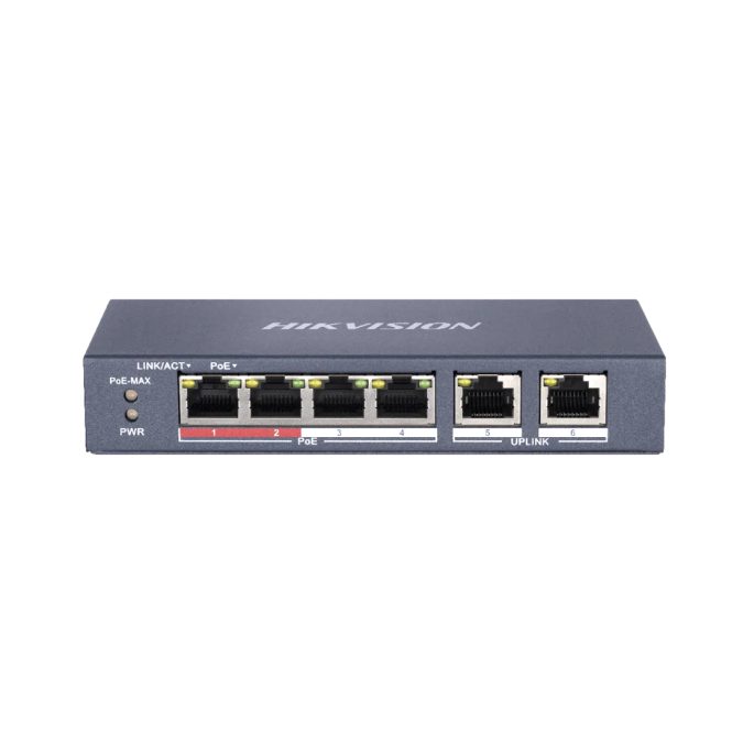 Коммутатор, Hikvision, DS-3E0106P-E/M(B), Неуправляемый, 4 x 10/100 Mbps, РоЕ 802.3af/at 45W, 2 x 10/100 Mbps RJ45, Настольный, Long Range Ports 1 to 4: up to 300 m.