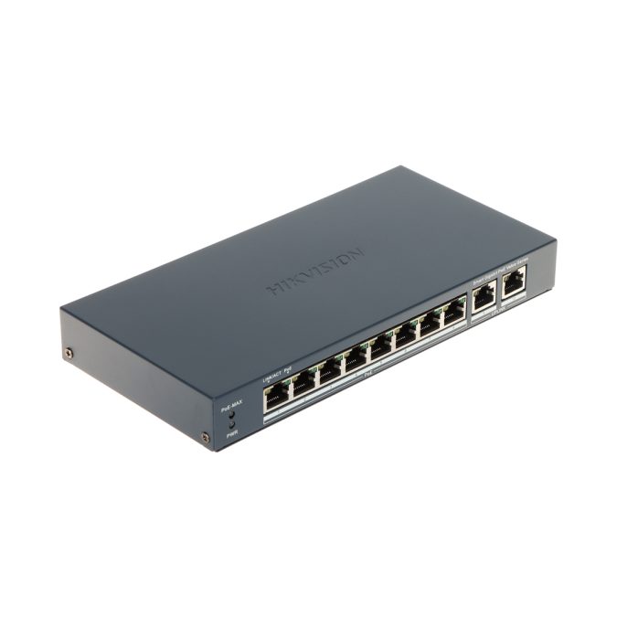 Коммутатор, Hikvision, DS-3E1510P-EI/M(B) , Управляемый L2, 8 x Gigabit RJ45, РоЕ 802.3af/at 80W, 2 x Gigabit RJ45, Настольный, Металл
