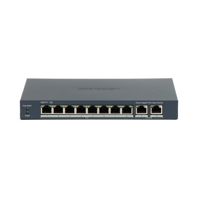 Коммутатор, Hikvision, DS-3E1510P-EI/M(B) , Управляемый L2, 8 x Gigabit RJ45, РоЕ 802.3af/at 80W, 2 x Gigabit RJ45, Настольный, Металл