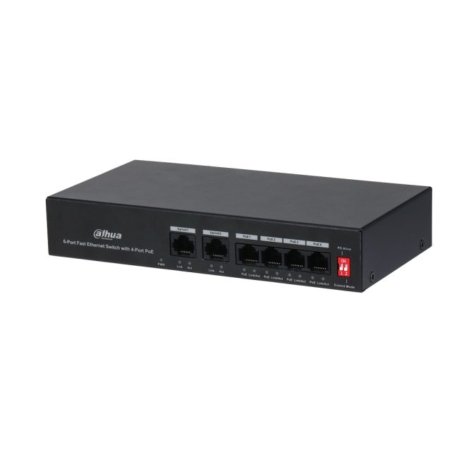Коммутатор, Dahua, DH-S3006-4ET-45, Неуправляемы 6-портовый, 4  RJ-45 10/100 Mbps (PoE), 2  RJ-45 10/100 Mbps (Uplink)Рабочая температура. от –10°C до +55°C,