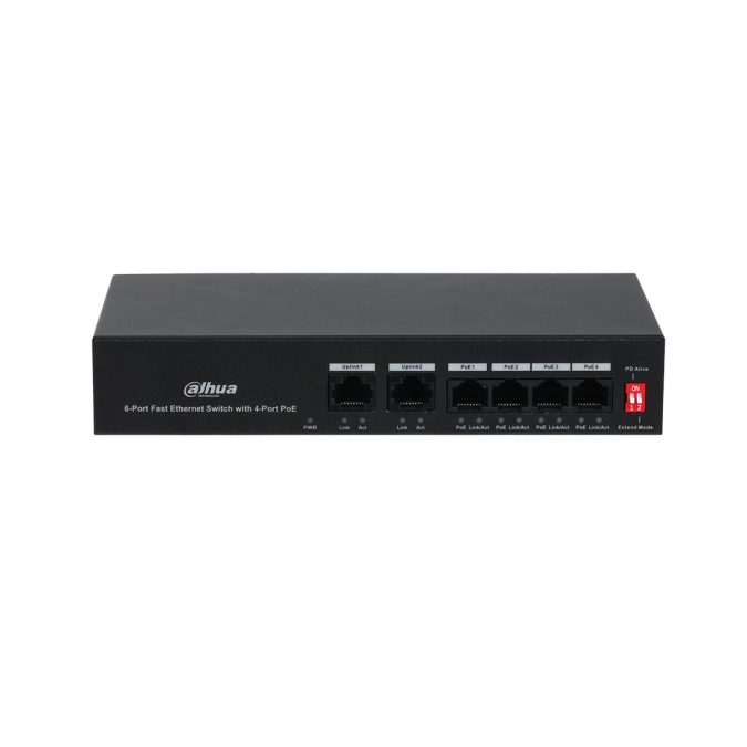 Коммутатор, Dahua, DH-S3006-4ET-45, Неуправляемы 6-портовый, 4  RJ-45 10/100 Mbps (PoE), 2  RJ-45 10/100 Mbps (Uplink)Рабочая температура. от –10°C до +55°C,