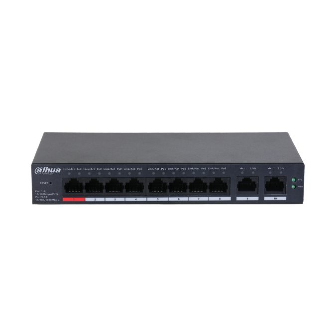 Коммутатор, Dahua, DH-CS4010-8ET2GT-110, Управляемый, 8 портов 10/100M (PoE 802.3af/at/Hi-PoE,60W), 2 порта 10/100/1000M