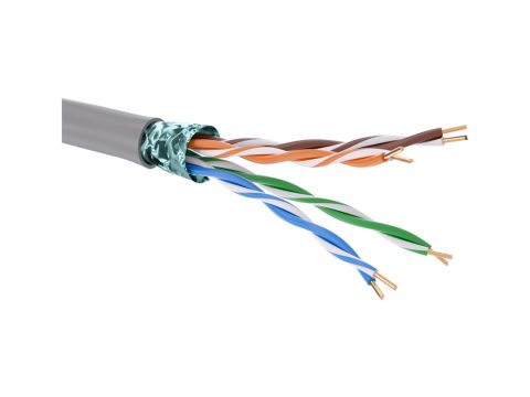 Кабель витая пара, DKC, RN5EFUK01GY, кат. 5E, F/UTP, 4 пары, нг(А)-HF, 4x2x1/0.51мм, экранированный, цвет внешней оболочки серый, коробка 305 м, для групповой прокладки внутри помещений, внешняя оболочка из полиолефина