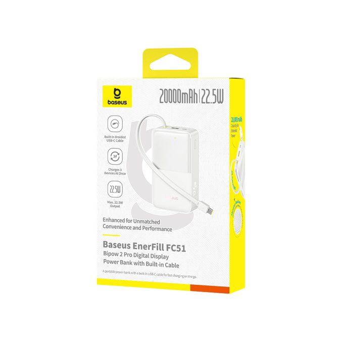 Портативный внешний аккумулятор, Baseus, EnerFill FC51 Bipow2 Pro (E0027700), 20000mAh, 22.5W,Белый