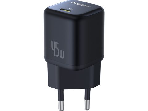 Адаптер питания, Baseus, PicoGo, P10176800123-00, GaN, 45 Вт, 1USB-C, 5В3А / 9В3А / 12В3А / 15В3А / 20В2,25А, PD 3.0, PPS, QC 3.0, FCP, SCP, 100–240В~, 50/60Гц, 1,5А, 333337 мм, 87 г, EU, Cluster Black, Черный