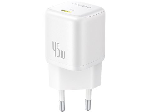 Адаптер питания, Baseus, PicoGo, P10176800213-00, GaN, 45 Вт, 1USB-C, 5В3А / 9В3А / 12В3А / 15В3А / 20В2,25А, PD 3.0, PPS, QC 3.0, FCP, SCP, 100–240В~, 50/60Гц, 1,5А, 333337 мм, 87 г, EU, Moon White, Белый