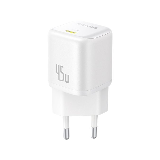 Адаптер питания, Baseus, PicoGo, P10176800213-00, GaN, 45 Вт, 1USB-C, 5В3А / 9В3А / 12В3А / 15В3А / 20В2,25А, PD 3.0, PPS, QC 3.0, FCP, SCP, 100–240В~, 50/60Гц, 1,5А, 333337 мм, 87 г, EU, Moon White, Белый