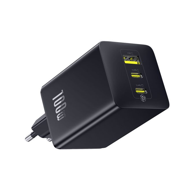 Адаптер питания, Baseus, EnerFill FE11, P10182102123-00, GaN 6, 2C+U, 100 Вт, USB-C1/C2: 5В3А / 9В3А / 12В3А / 15В3А / 20В5А, USB-A: 5В3А / 9В2А / 10В2,25А / 12В1,5А, PD 3.0, PPS, QC 4+, QC 3.0, UFCS, AFC, SCP, FCP, 100–240В~, 50/60Гц, 3А, EU, 434465 мм, 184 г, Без кабеля, Чёрный