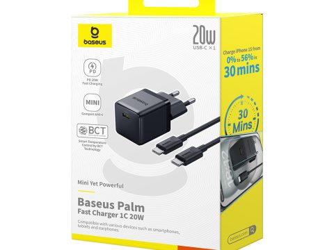Адаптер питания, Baseus, Palm, P10111602113-01, 1  USBC, 20 Вт, 5 В  3 А, 9 В  2,22 А, 12 В  1,67 А, PD 3.0, QC 3.0, 100–240 В~, 50/60 Гц, EU, кабель USBC–USBC, 60 Вт, 1 м, Cluster Black, Черный