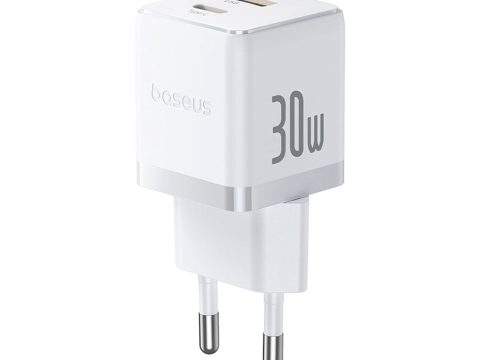 Адаптер питания, Baseus, Palm (P1011160A213-01), C+U, 30W, ( в комлпекте кабель Type-c), Белый