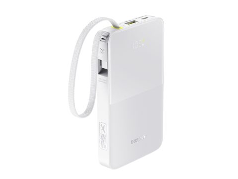 Портативный внешний аккумулятор, Baseus, EnerFill FC51 Bipow2 Pro, E0027601, 10000 мА·ч, 22,5 Вт, USB-C, USB-A, Встроенный кабель USB-C, Цифровой дисплей, PD, QC, SCP, FCP, Белый