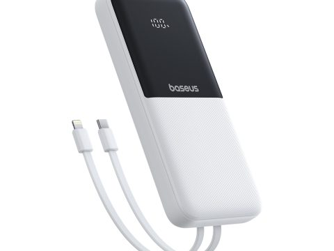 Портативный внешний аккумулятор, Baseus, Lipow Dual-Cable, P10079101213-00, 10000 мА·ч, 22,5 Вт, USB-C, USB-A, 2 Встроенных кабеля: USB-C и Lightning, Цифровой дисплей, До 4 устройств, Белый