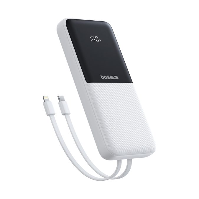 Портативный внешний аккумулятор, Baseus, Lipow Dual-Cable, P10079101213-00, 10000 мА·ч, 22,5 Вт, USB-C, USB-A, 2 Встроенных кабеля: USB-C и Lightning, Цифровой дисплей, До 4 устройств, Белый
