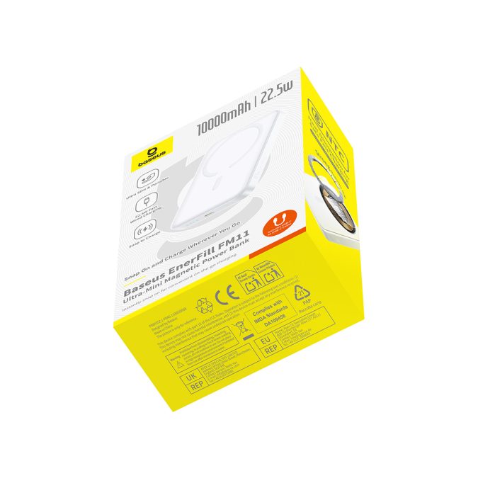 Портативный внешний аккумулятор, Baseus, EnerFill FM11 Ultra-Mini Magnetic, P1008210E213-00, 10000 мА·ч, 37 Вт·ч, Проводная зарядка 22,5 Вт, Беспроводная зарядка 15 Вт, MagSafe, Магниты N52, USB-C, LED-индикатор, Кабель USB-C–USB-C 30 см, 104  69,8  18 мм, 209 г, Белый