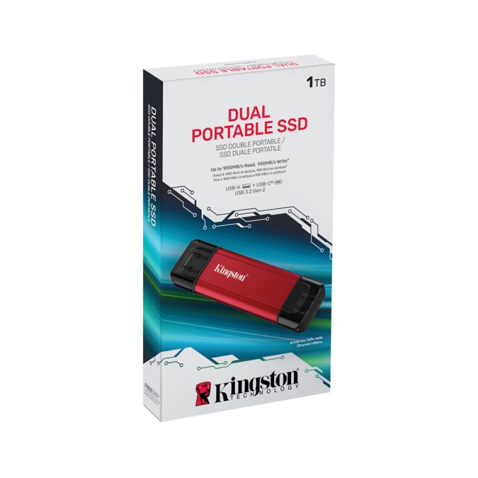 Внешний SSD диск, Kingston, Dual Portable, SPSD/1TB, 1TB, USB-C/USB-A, Красный