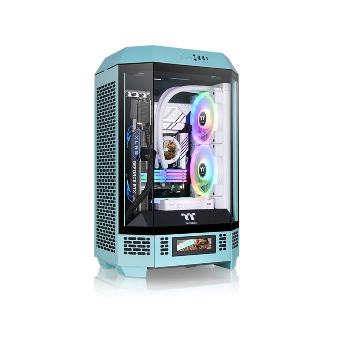 Компьютерный корпус, Thermaltake, The Tower 300 Turquoise, CA-1Y4-00SBWN-00, Micro-Tower, Mini-ITX/M-ATX, USB 3.2*1, USB 3.0*2, HD Audio/mic, 2*140мм CT140 fan, Максимальная длина видеокарты 400мм, Максимальная высота процессорного кулера 210мм, 3*3,5"/3*2,5", Сталь, 3мм Закаленное стекло*3, 551*342*281мм, Без Б/П, Бирюзовый