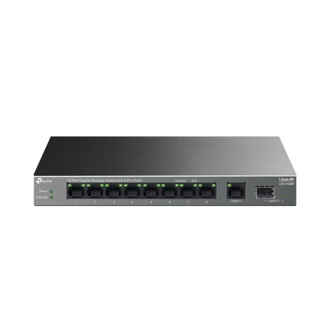 Коммутатор, TP-Link, LS1210GP, 9 портов 10/100/1000 Мбит/с (порты 1–8 поддерживают стандарты 802.3af/at), 1 порт SFP, Бюджет PoE: 61 Вт, настольный
