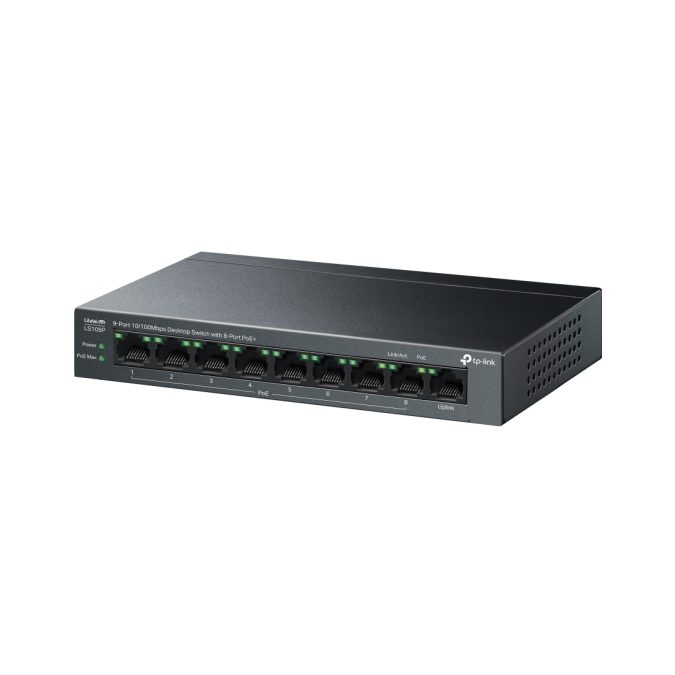 Коммутатор, TP-Link, LS109P, 9 портов 10/100 Мбит/с (из них 8 портов с поддержкой стандартов 802.3af/at), Бюджет PoE 63 Вт, настольный, настенный