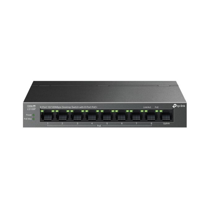 Коммутатор, TP-Link, LS109P, 9 портов 10/100 Мбит/с (из них 8 портов с поддержкой стандартов 802.3af/at), Бюджет PoE 63 Вт, настольный, настенный