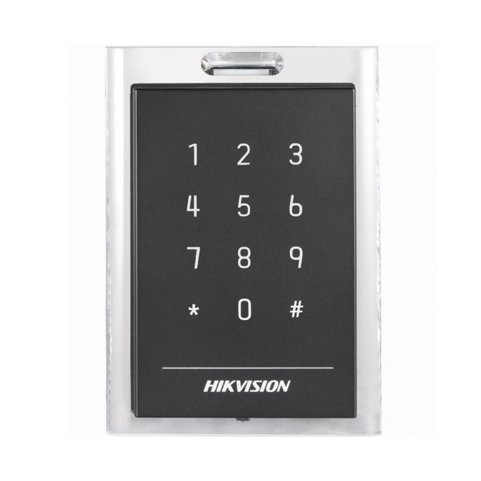 Считыватель контроля доступа, Hikvision, DS-K1101MK, Считыватель карт M1/EM, корпус из материала PC+ABS с панелью PMMA, встроенный звуковой сигнал, интерфейс RS-485 и Wiegand, IP64, от -20 °C до 65 °C