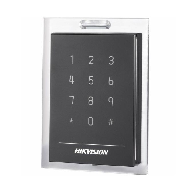 Считыватель контроля доступа, Hikvision, DS-K1101MK, Считыватель карт M1/EM, корпус из материала PC+ABS с панелью PMMA, встроенный звуковой сигнал, интерфейс RS-485 и Wiegand, IP64, от -20 °C до 65 °C