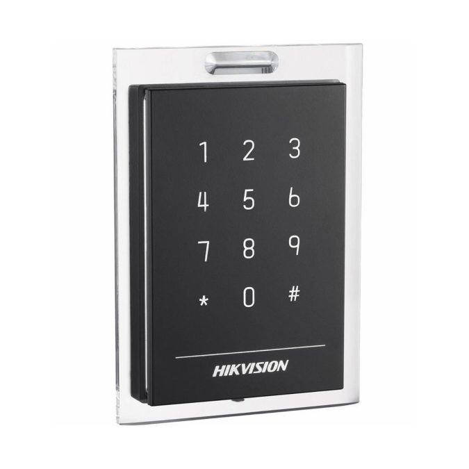 Считыватель контроля доступа, Hikvision, DS-K1101MK, Считыватель карт M1/EM, корпус из материала PC+ABS с панелью PMMA, встроенный звуковой сигнал, интерфейс RS-485 и Wiegand, IP64, от -20 °C до 65 °C
