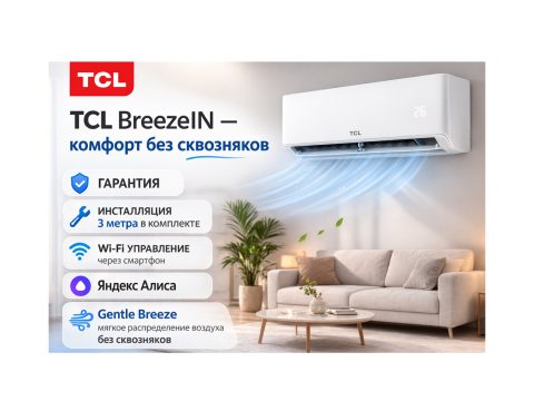 Кондиционер настенный, TCL, BreezeIN TAC-BR18HSV/TB INVERTER, Коплект из 2-х коробок, состоит из внешнего и внутреннего блока. В комплекте с медными трубами. Белый