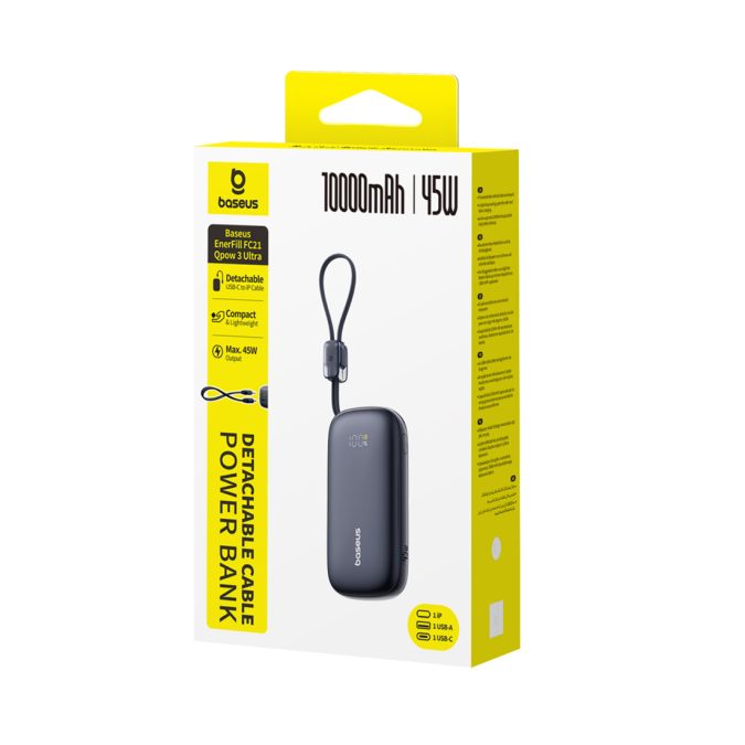 Портативный внешний аккумулятор, Baseus, EnerFill FC21 Qpow 3 Ultra (E0027Q00), 10000 мА·ч, 45 Вт, USB-C, USB-A, Lightning, Встроенный съёмный кабель, PD, QC, SCP, UFCS, Цифровой дисплей, Чёрный