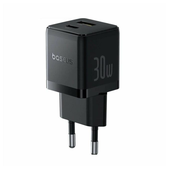 Адаптер питания, Baseus, Palm C+U, P10111608113-01, 20 Вт, 1USB-C + 1USB-A, USB-C: 5В3А / 9В2,22А / 12В1,67А, USB-A: 5В3А / 9В2А / 12В1,5А, PD 3.0, QC 3.0, 100–240В~, 50/60Гц, 0,8А, кабель USB-C—USB-C, 60 Вт, 1 м, EU, Black, Чёрный